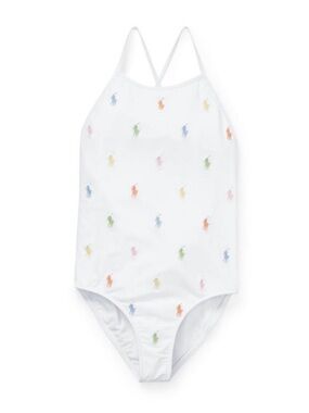 Ralph Lauren White One-Piece with Multicolor Polo Logos size L
